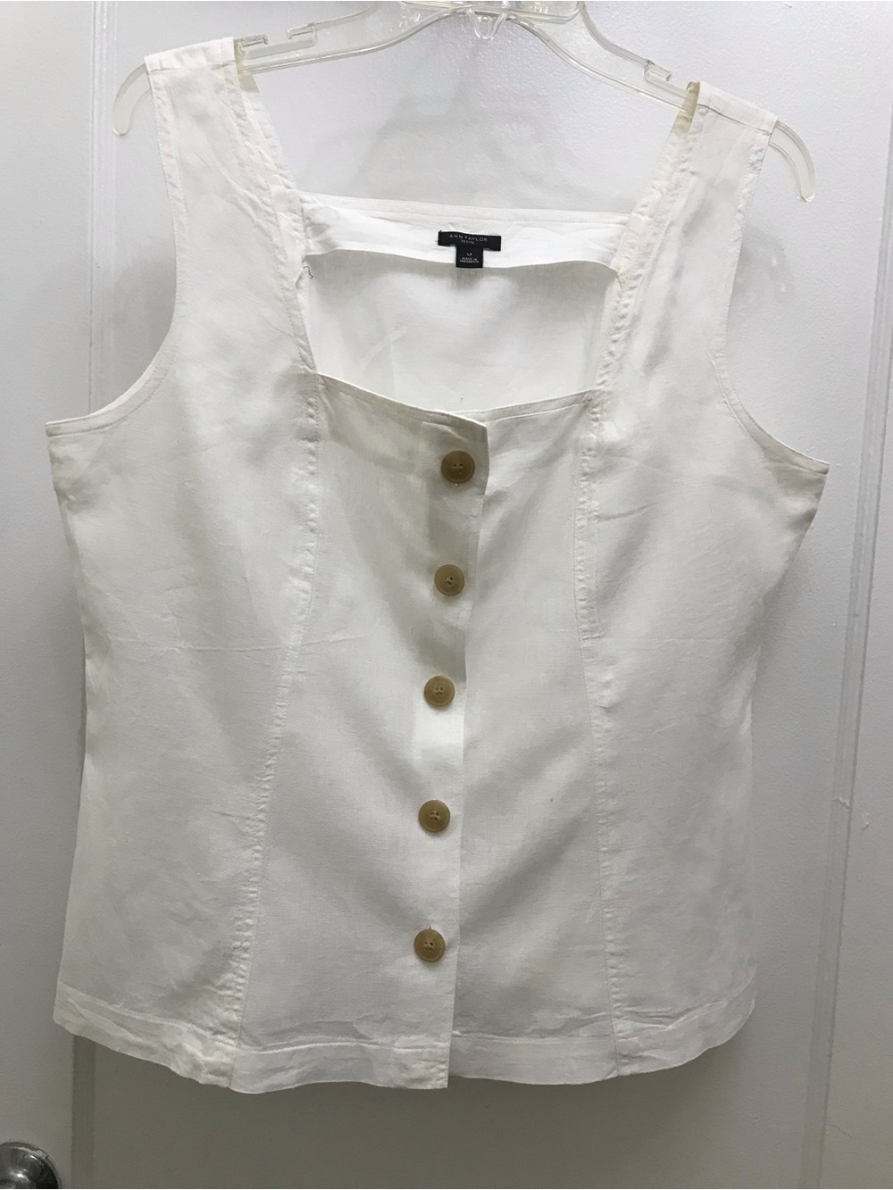Ann Taylor White Button-Down Sleeveless Linen Top